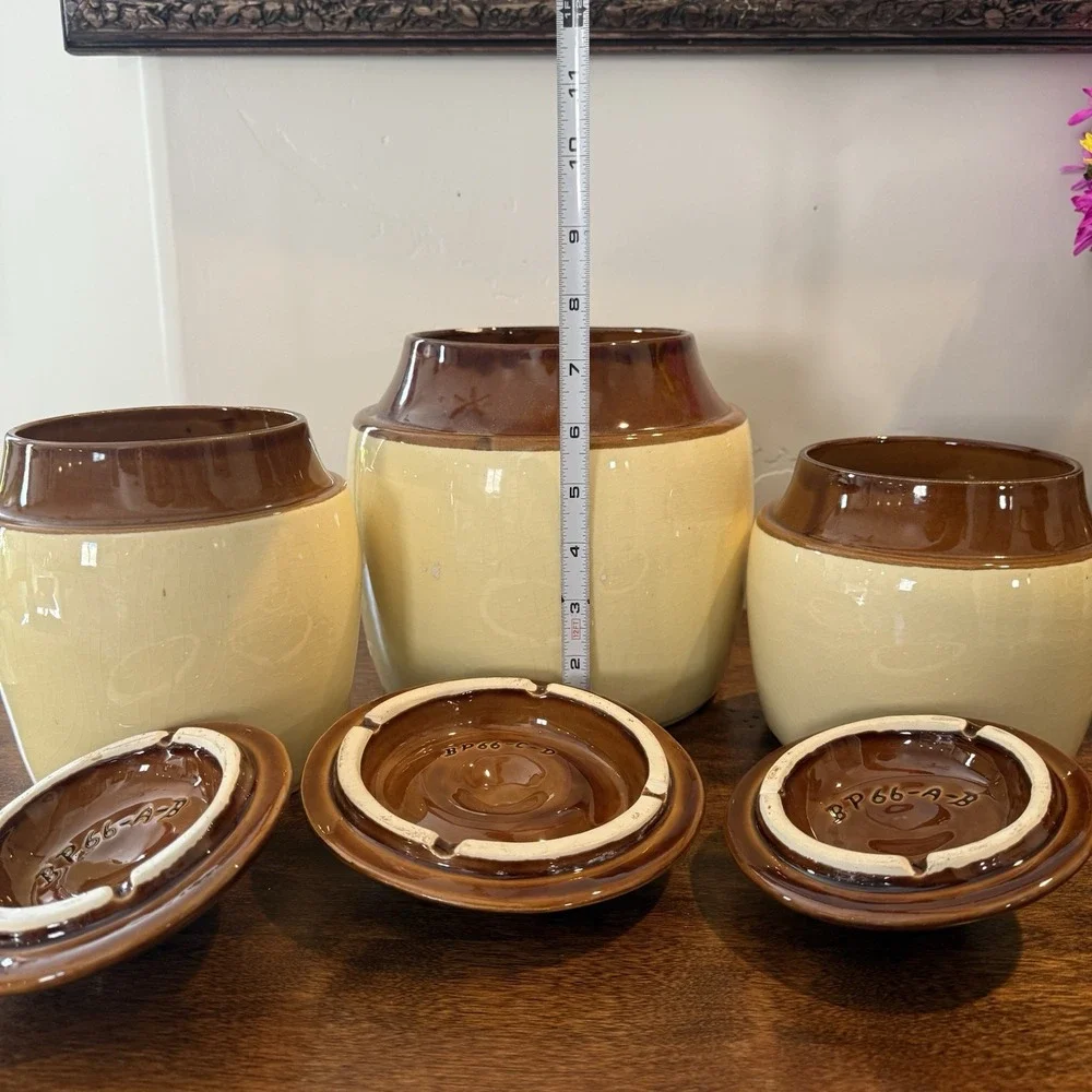 Vintage USA Pottery BP-66 Cream Brown Crocks Set Of 3‎ Bean Pot Cookie Jar